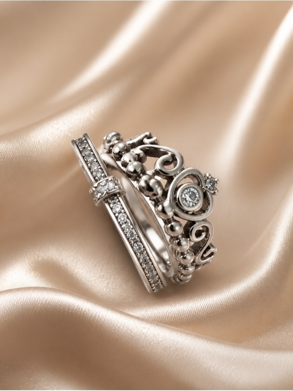 Silver Tiara Stackable Ring Set - Women Jewelry size 7.5 stainless steel w/bowti